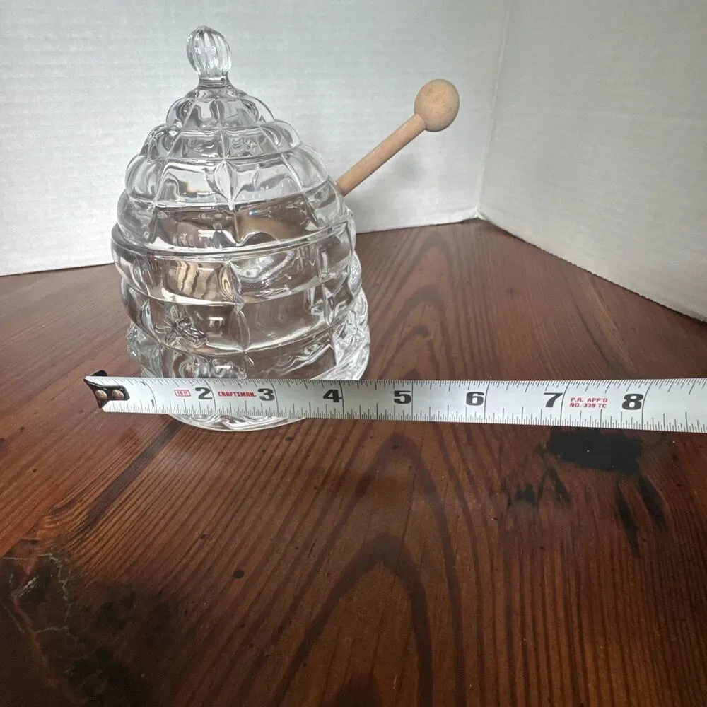 Beehive Crystal Honey  Storage Serving Glass Jar Dispenser with Wooden Dipper